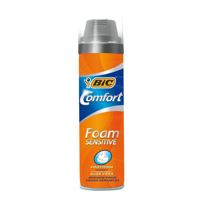 Bic Sensitive Espuma de Barbear Espuma de barbear bic Comfort Foam Sensitive em embalagem azul e laranja com tampa cinza