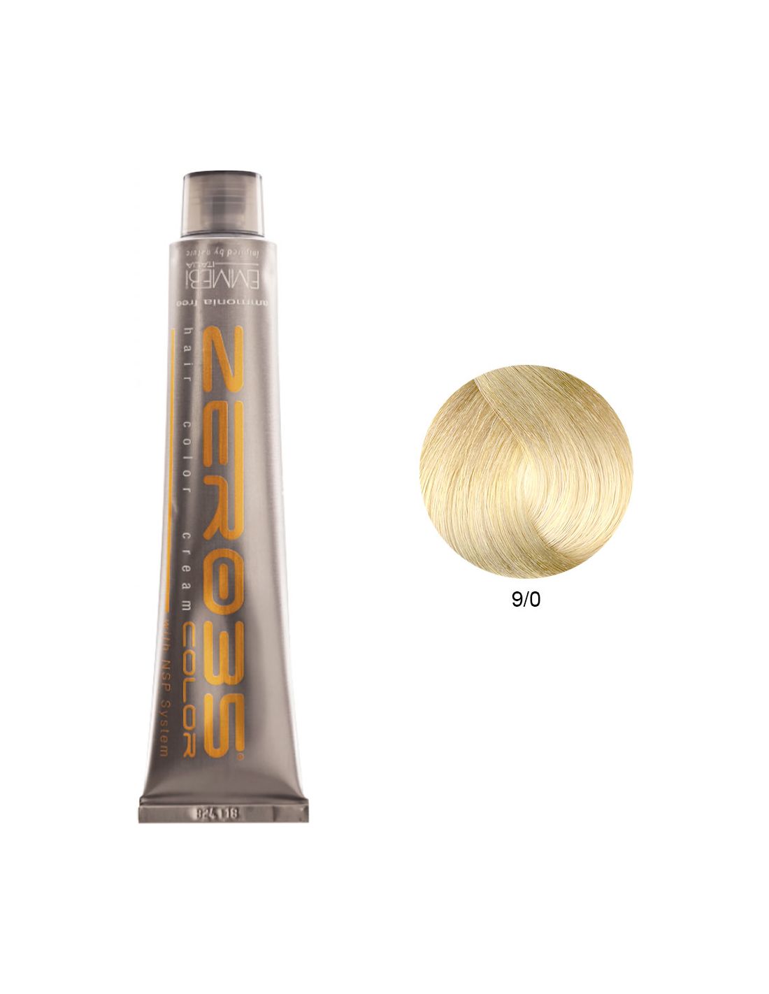 Coloração Sem Amoníaco 100ml - 9/0 Loiro Muito Claro - Zero35 - Emmebi Tubo de tinta de cabelo Neros 35 cor 9/0 com amostra de cabelo loiro claro