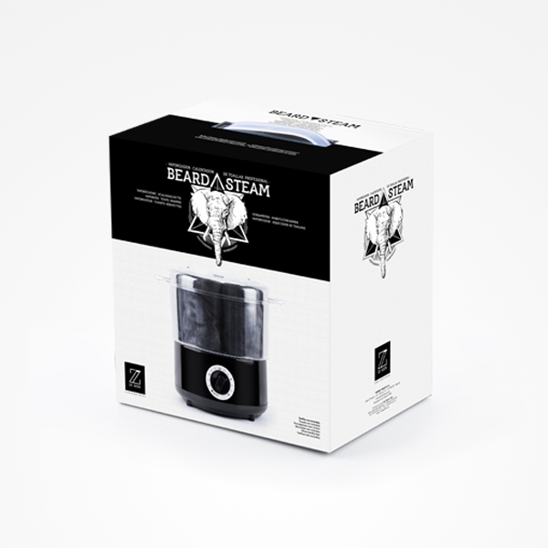 Aquecedor Vapor de toalhas Embalagem branca do vaporizador BEARD STEAM com ilustração de elefante e texto preto.