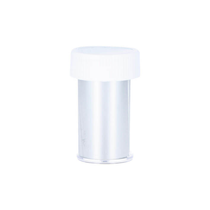 Pollie Foil prateado nail art 1.5M Frasco pequeno translúcido com tampa branca.