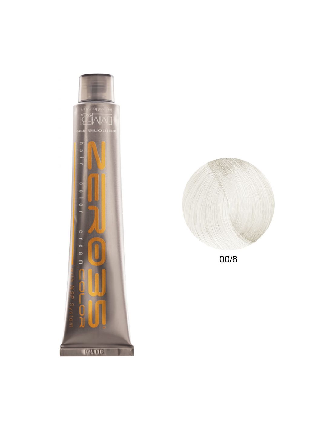Coloração Sem Amoníaco 100ml - 00/8 Pérola Brilhante - Zero35 - Emmebi Tubo de tinta para cabelo Framesi com amostra de cor branca clara 00/8