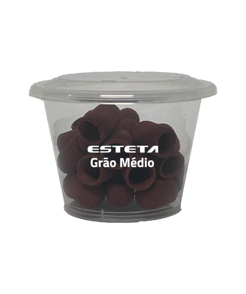 Capa Dedal Pedicure p/ Mandril 10 mm Grão Médio 25 unidades Recipiente transparente com pequenas peças marrons e texto 'ESTETA Grão Médio'