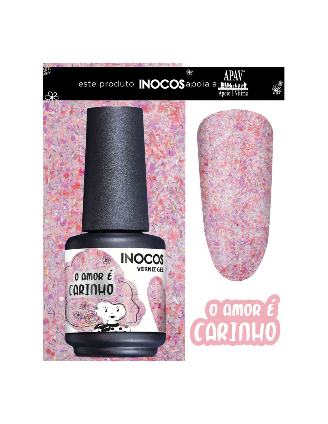 INOCOS VERNIZ GEL Amor é Carinho 15ml - Coleção Amor é Amor Verniz gel INOCOS roxo com padrão rosa e amostra do efeito no formato de unha