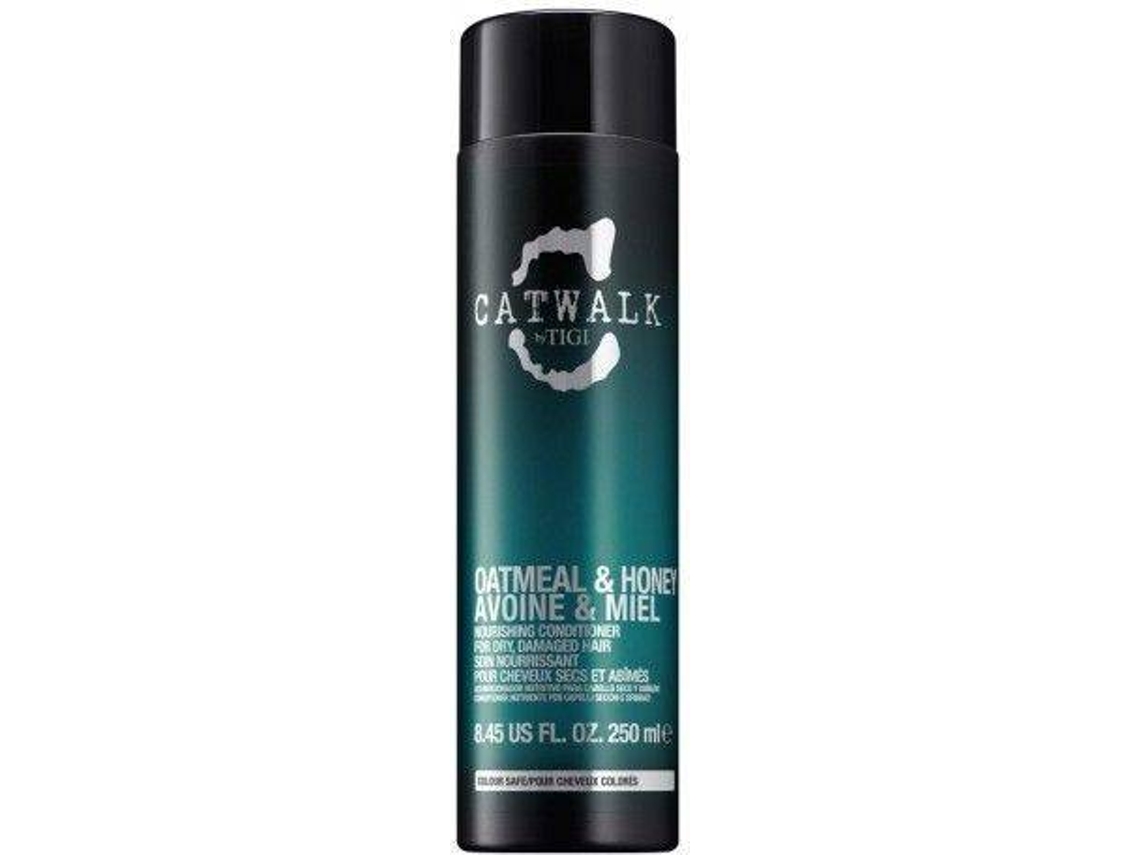 CATWALK OATMEAL & HONEY nourishing conditioner 250ML Frasco cilíndrico verde e preto com texto branco CATWALK TIGI OATMEAL & HONEY