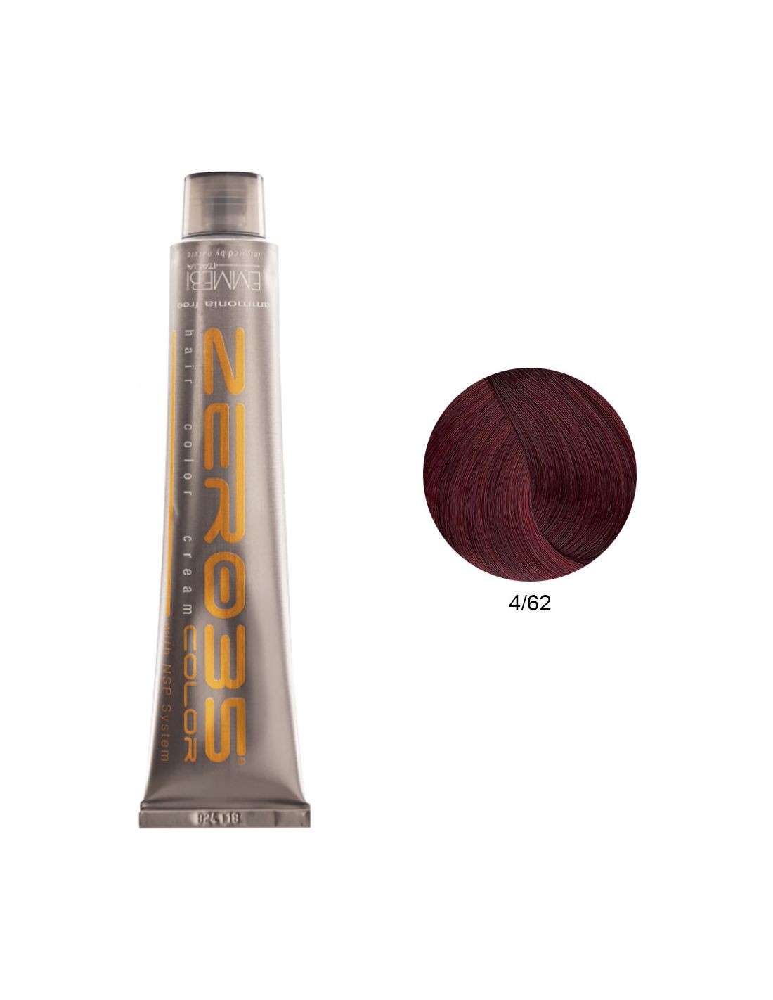 Coloração Sem Amoníaco 100ml - 4/62 Vermelho Violeta Ruivo - Zero35 - Emmebi Tubo metálico de tinta para cabelo com amostra de cor castanho avermelhado 4/62