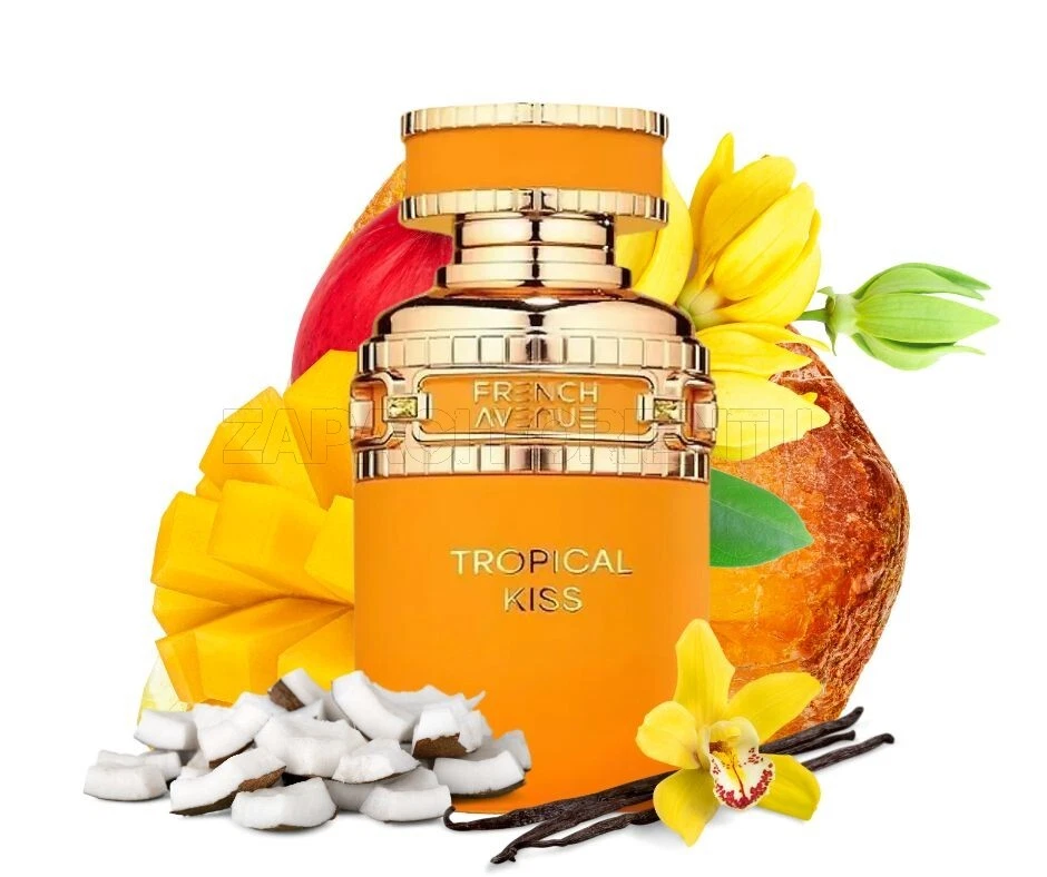 French Avenue Tropical Kiss Eau de Parfum para mulheres Frasco de perfume Tropical Kiss laranja com tampa dourada e frutas tropicais atrás