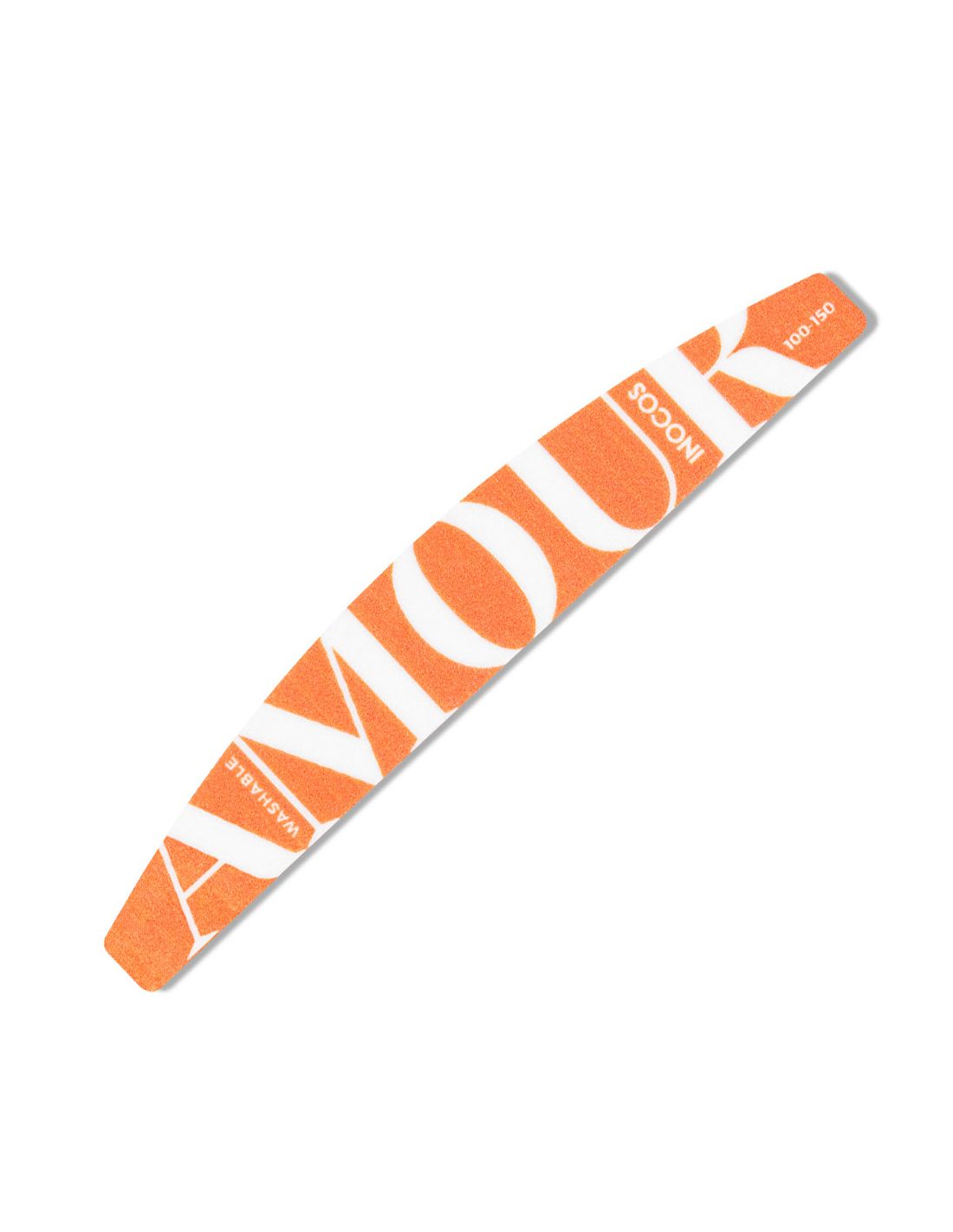 Lima HalfMoon Lavável Amour 100/150 - Coleção Quem Nunca INOCOS Lima de unha curvada laranja com texto branco