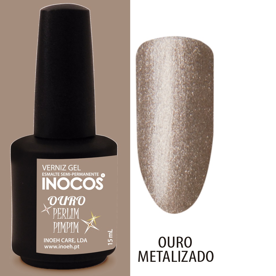 INOCOS VERNIZ GEL OURO PERLIMPIMPIM 15ML Frasco de verniz gel e amostra de cor ouro metalizado