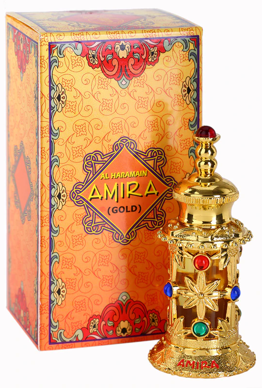 Al Haramain Perfumes Amira Gold 12ml - óleo perfumado Frasco dourado de perfume Amira com pedras coloridas e caixa laranja decorativa