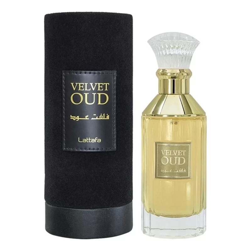 Lattafa Velvet Oud Eau de Parfum unissexo 100 ml Frasco de perfume Velvet Oud com embalagem preta aveludada