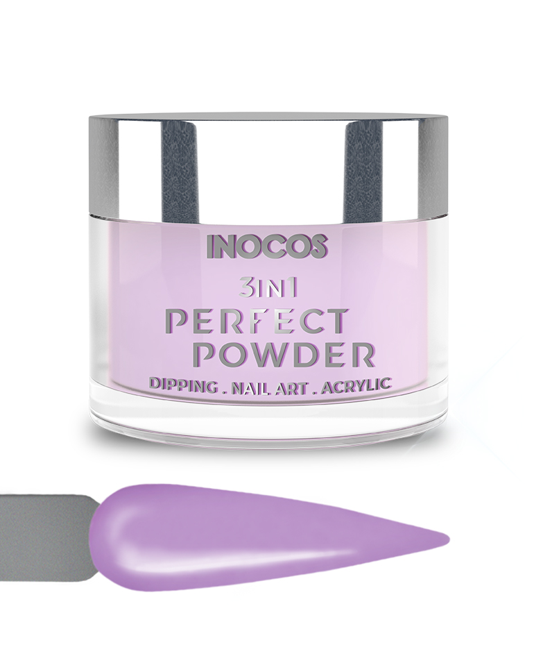 INOCOS PERFECT POWDER 3 EM 1 P15 Batido de Amora 20GR Pote de pó para unhas lilás INOCOS 3IN1 PERFECT POWDER com tampa prateada e amostra de cor.
