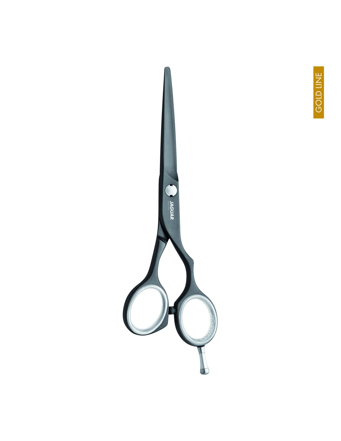 Jaguar Tesoura Diamond e Ceramic Fusion Gold Line Tesoura preta para cabelo com alças ovais e apoio para dedo