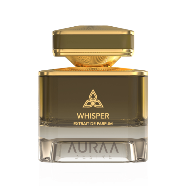 Auraa Desire Whisper Extrait De Parfum Spray 100ml Frasco de perfume dourado e âmbar com textos visíveis