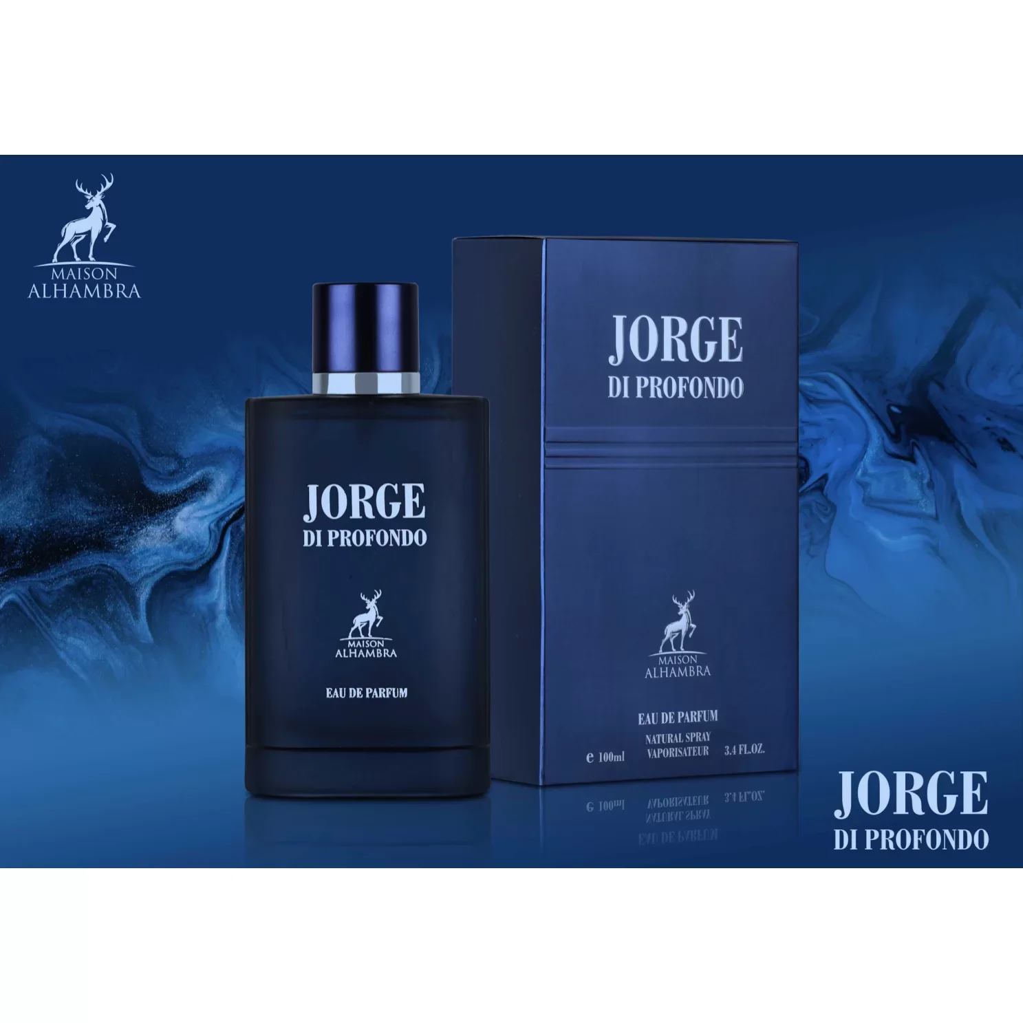 Jorge di Profondo Maison Alhambra Masculino (100 ml) Frasco e embalagem azul escuro do perfume JORGE DI PROFONDO da MAISON ALHAMBRA