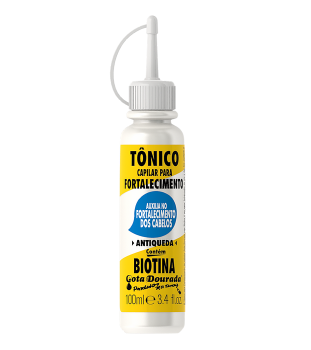 Gota Dourada TÓNICO FORTALECIMENTO BIOTINA 100ML frasco branco de tónico capilar para fortalecimento com biotina com etiqueta amarela e azul