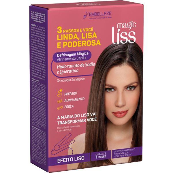 Novex Kit Alinhamento Capilar Magic Liss Embalagem Magic Liss para alisamento capilar com texto e foto de mulher de cabelo liso