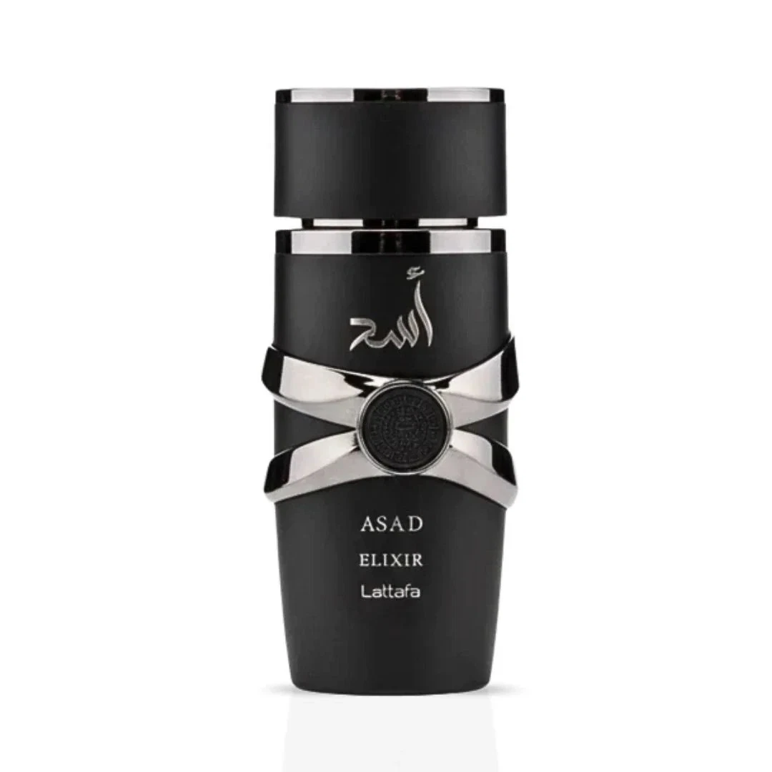 Asad Elixir de Lattafa - Eau de parfum para homem - 100 ml Frasco preto fosco de perfume ASAD ELIXIR Lattafa com detalhes prateados
