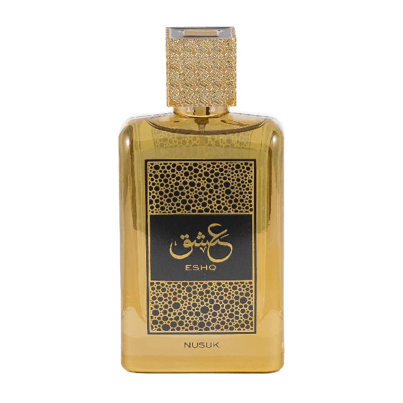 Nusuk ESHQ Eau De Parfum 100ml Frasco de perfume dourado com rótulo preto e dourado e tampa texturizada