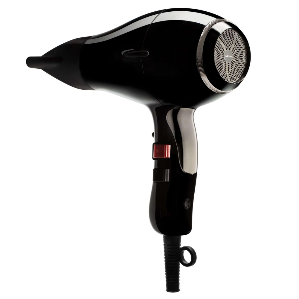 Secador Elchim 8th Sense Run Black Edition Secador de cabelo preto brilhante com grelha metálica circular e botões vermelhos e pretos