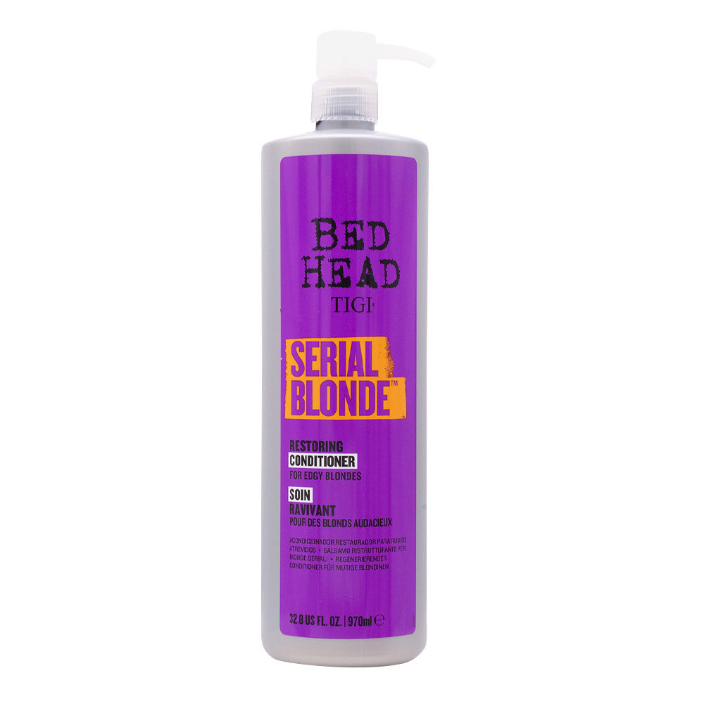 TIGI SERIAL BLONDE RESTORING CONDITIONER 970ML Condicionador Bed Head TIGI Serial Blonde embalagem roxa com doseador branco