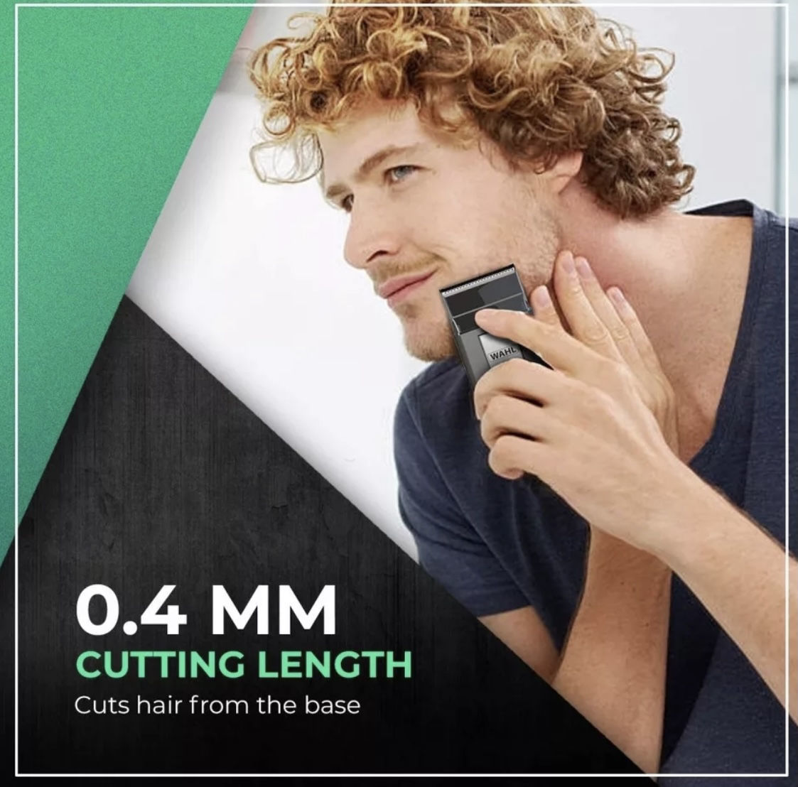 Wahl Mobile Shaver (viagem) Homem a usar aparador de cabelo preto para barba com texto informativo sobre comprimento de corte