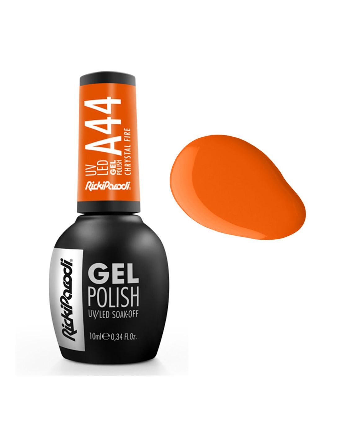Verniz Gel A44 Crystal Fire - Fire Collection - Ricki Parodi frasco de esmalte de gel preto com tampa laranja e amostra da cor laranja