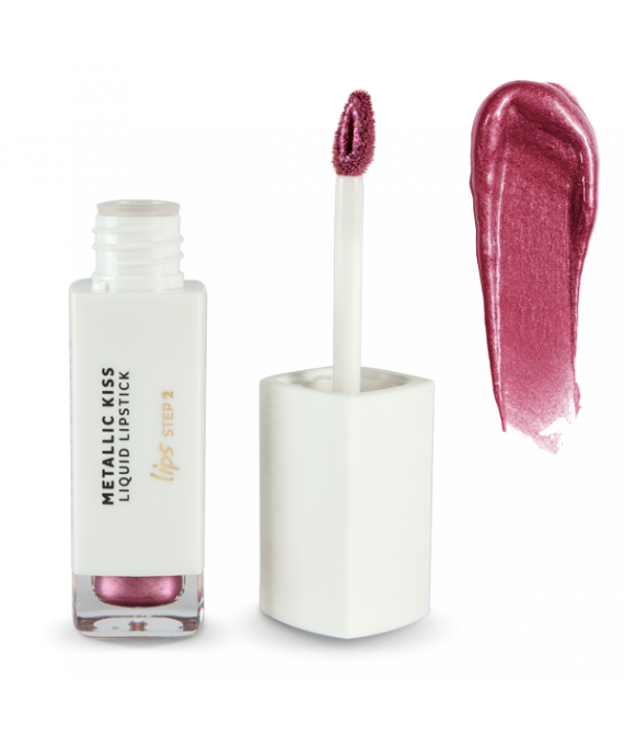 Andreia Lips METALLIC KISS – Liquid Lipstick 05 Pinky Promise Batom líquido metálico rosa com embalagem branca e aplicador aberto