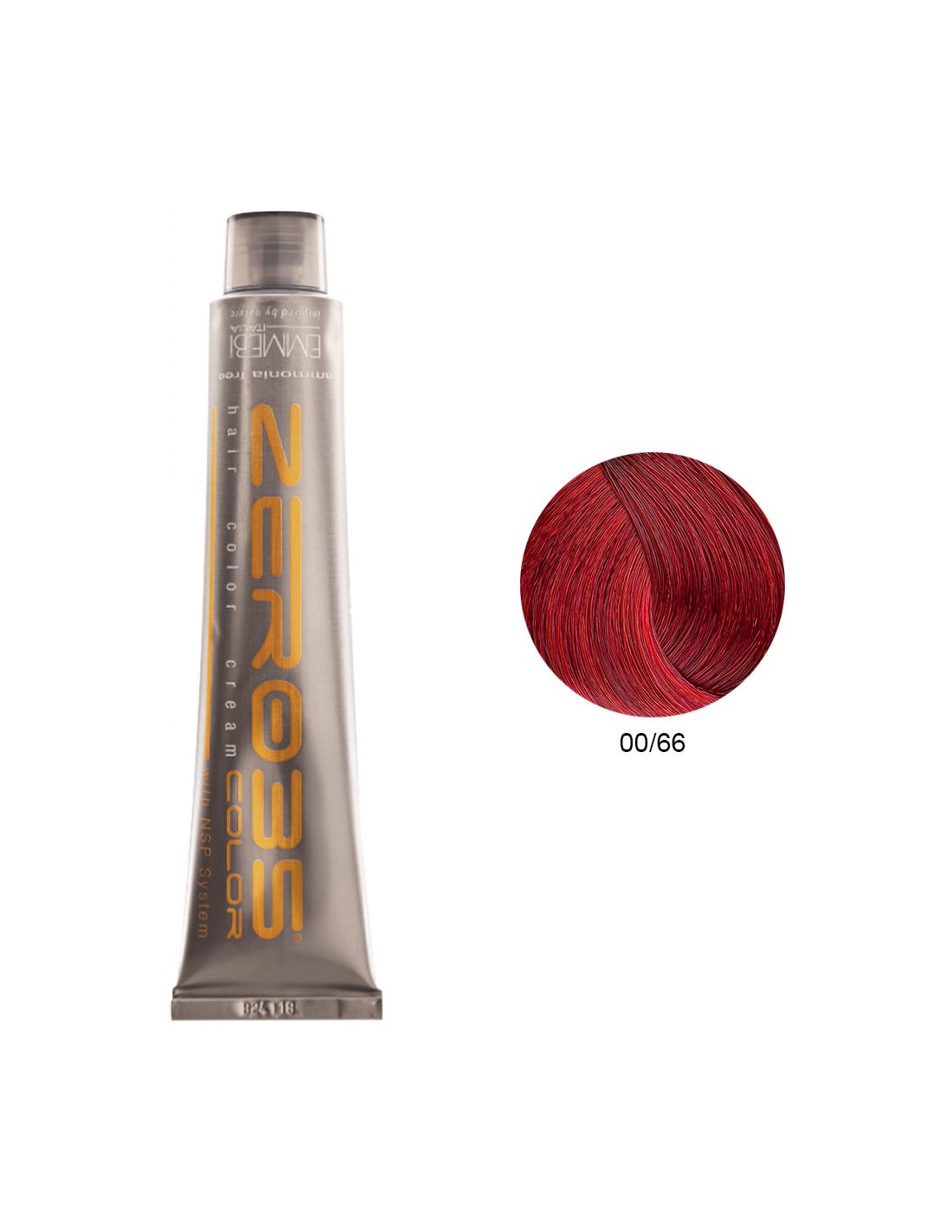 Coloração Sem Amoníaco 100ml - 00/66 Vermelho Intenso - Zero35 - Emmebi tubo prateado de tinta de cabelo NEROS com amostra de cabelo vermelho 00/66