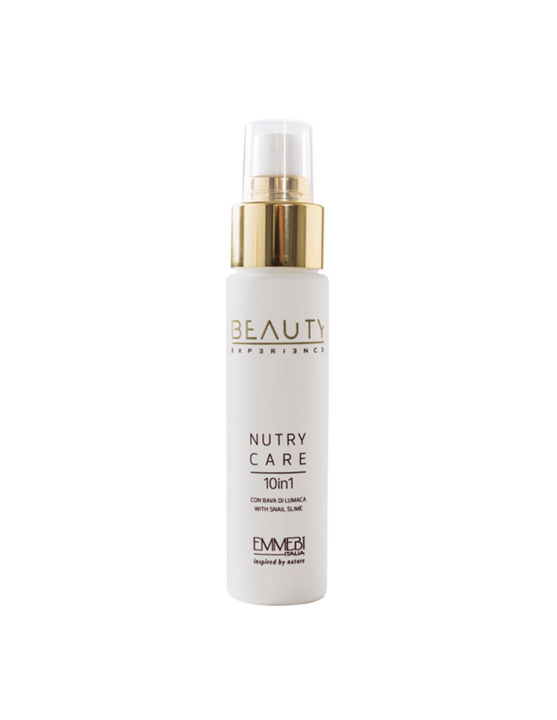 Leave-In Capilar Baba de Caracol Nutri Care 60ml - Beauty Experience - Emmebi Frasco branco com tampa transparente e detalhe dourado de produto cosmético Beauty Experience Nutry Care.