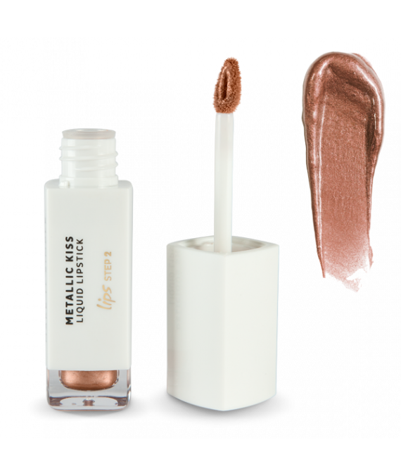 Andreia Lips METALLIC KISS – Liquid Lipstick 02 Bronzy Feels Batom líquido metálico castanho com embalagem branca e aplicador de esponja.