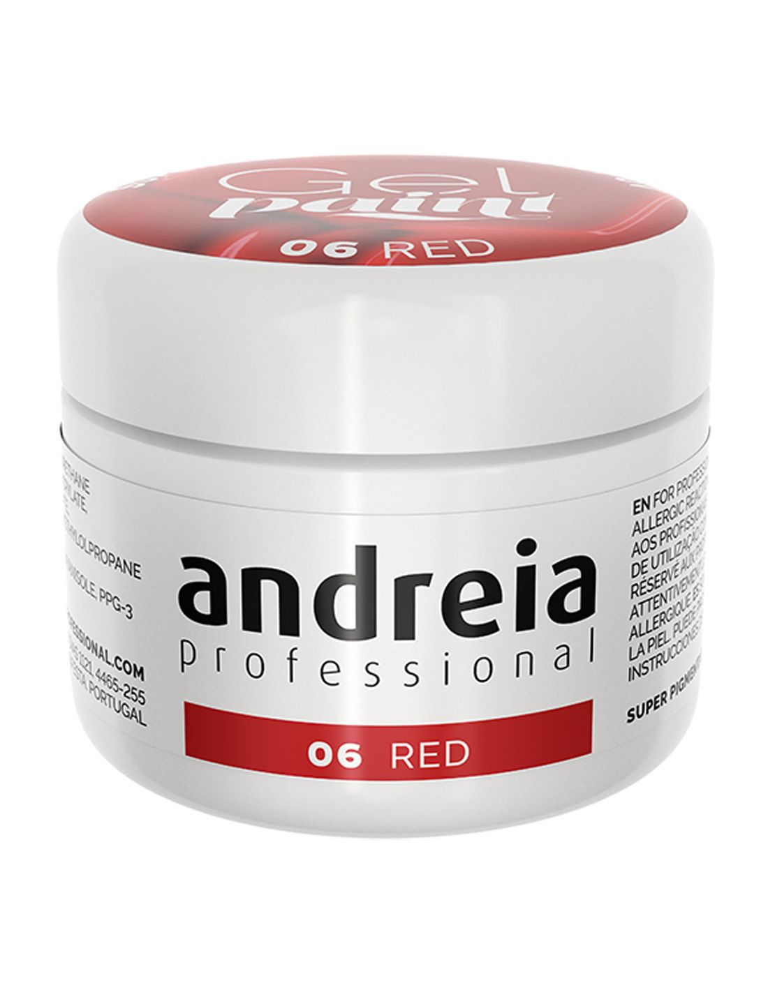 Gel Paint Red 06 - Andreia Professional Frasco branco com tampa vermelha e rótulo com texto 'andreia professional 06 RED'