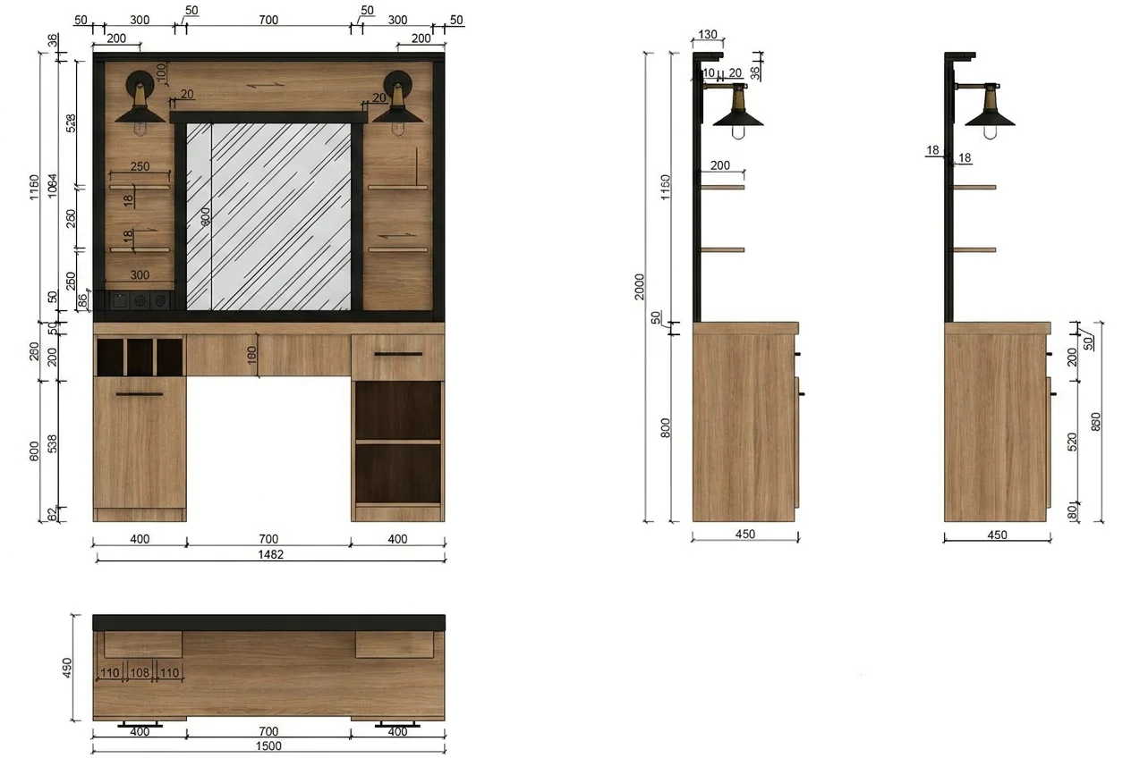 BANCADA BARBEARIA FOLK OAK Móvel em madeira com espelho e iluminação, vista frontal e lateral com medidas