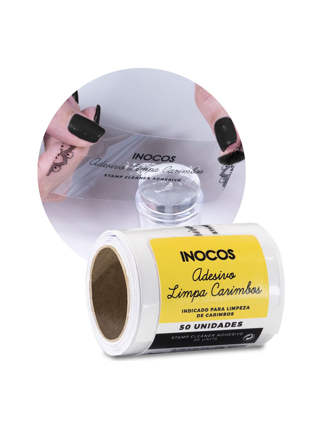 INOCOS Adesivos para Limpeza de Carimbos Pacote de adesivos limpos para limpeza de carimbos INOCOS com rótulo amarelo.