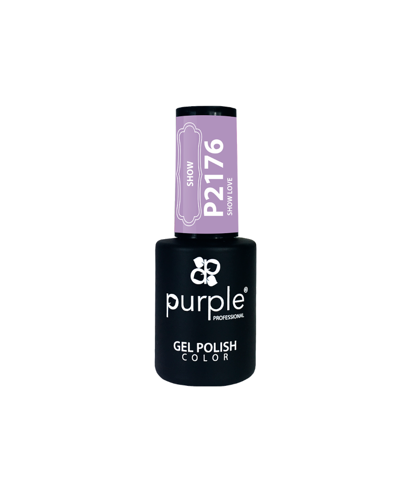 Purple Verniz Gel Show Love 10ml P2176 Frasco de verniz gel preto com tampa lilás e texto branco