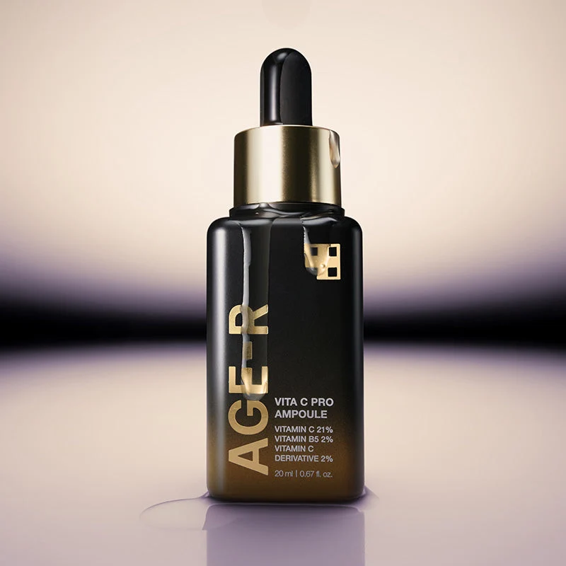 Medicube Age-R Vita C Pro Ampoule 20ml - Skin Care Serum Frasco de vidro preto com conta-gotas e rótulo dourado e branco