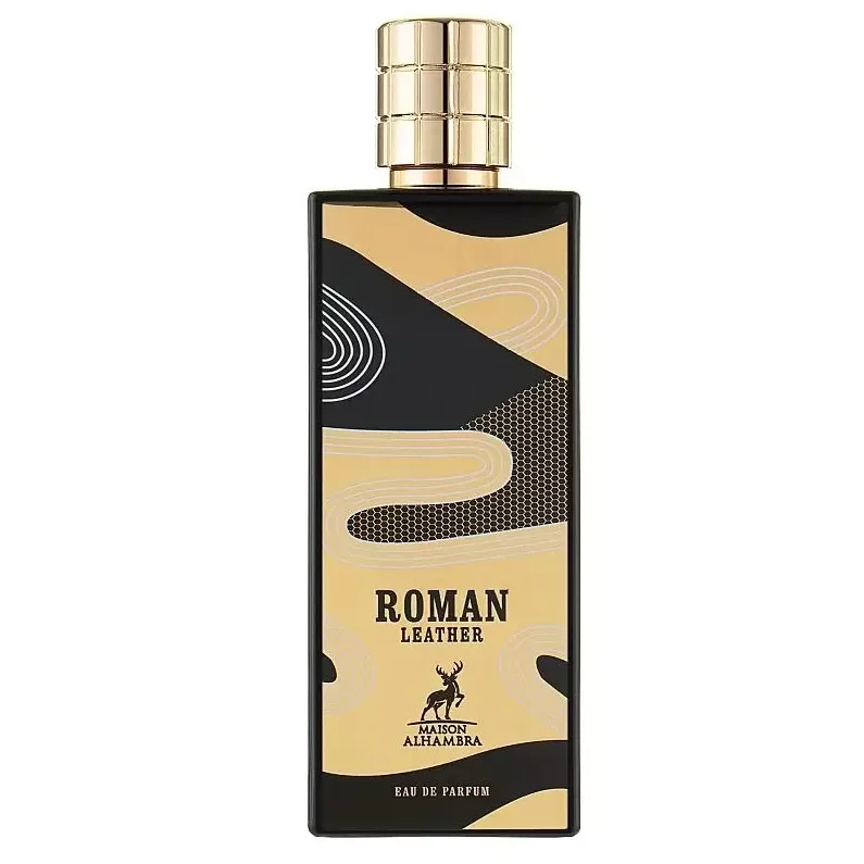 Maison Alhambra ROMAN LEATHER 80ML Frasco retangular de perfume Roman Leather com tampa dourada e design geométrico preto e bege.