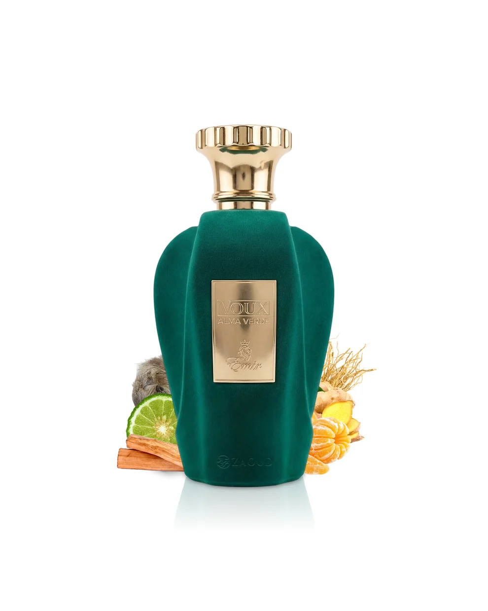 Emir Voux Alma Verde Eau De Parfum 100ml Frasco de perfume verde escuro com tampa dourada e placa frontal dourada