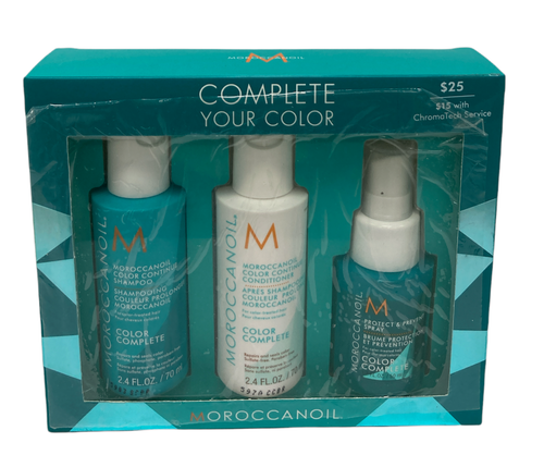 Moroccan Oil Complete Your Color 3 Piece Set 2.4oz/70mL 1.7oz/50mL Conjunto de produtos Moroccanoil Color Complete com shampoo, condicionador e spray em frascos azuis e branco, embalagem azul