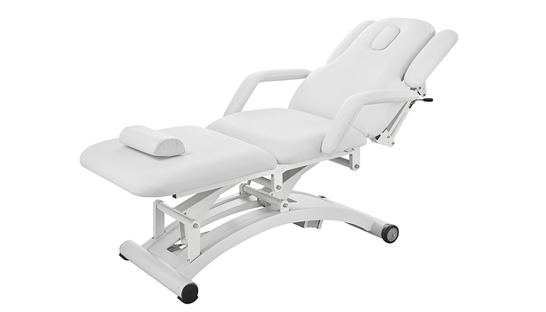 Weelko Marquesa Sphen Eléctrica Cama de massagem branca com partes ajustáveis e estrutura metálica com rodas