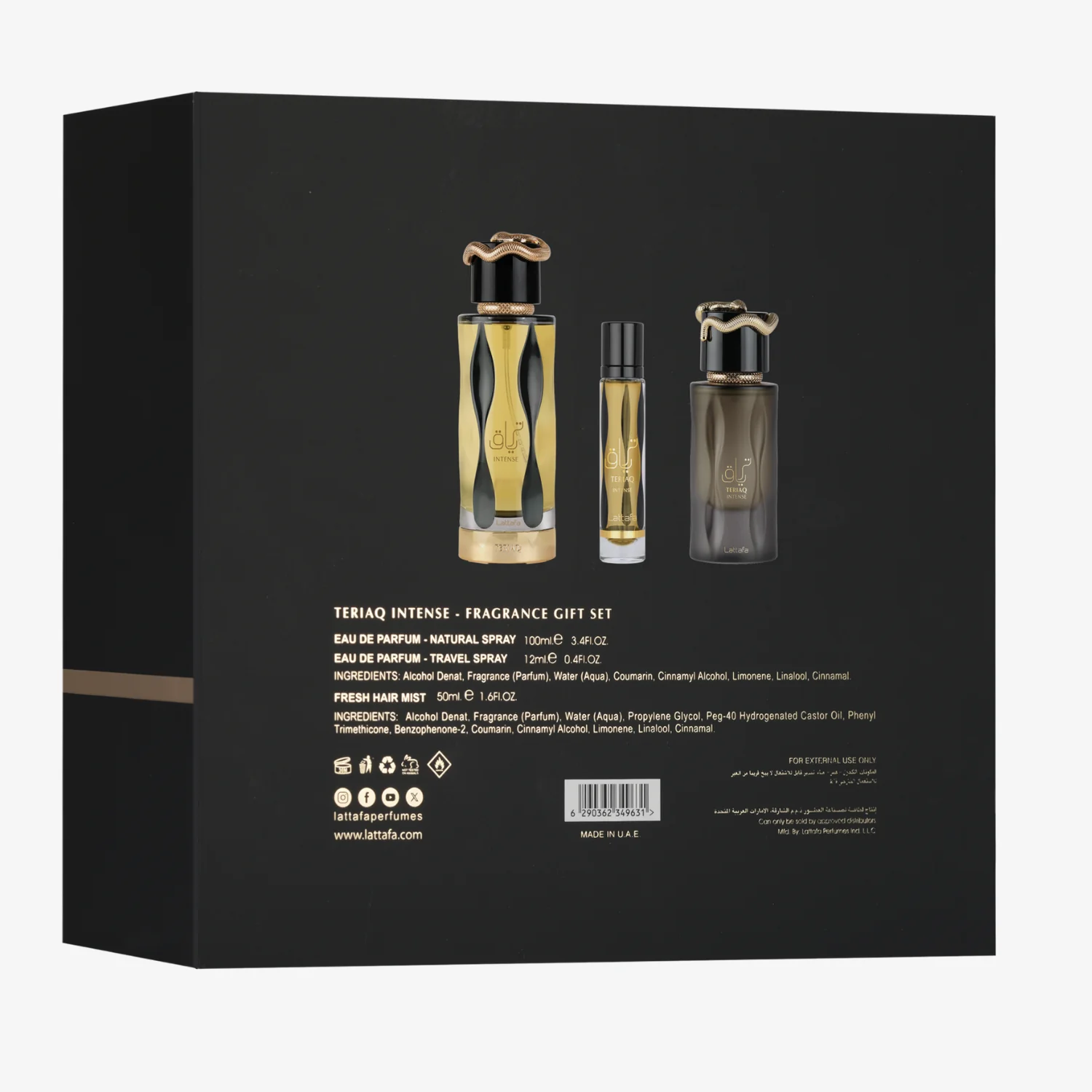 Lattafa 3p Giftset Teriaq Intense By Lattafa Conjunto de perfume Teriaq Intense com três frascos em caixa preta.
