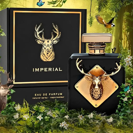 Fragrance World Imperial Eau De Parfum for men 100ml Frasco preto de perfume Imperial com desenho dourado de veado, ao lado da embalagem preta, sobre vegetação com flores e pássaros.