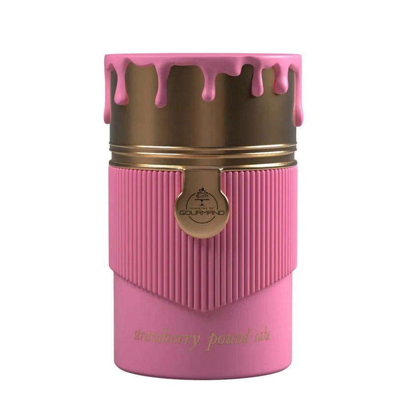 Strawberry Pound Cake eau de parfum para mulheres 100ml Recipiente rosa e dourado com texto e tampa decorativa