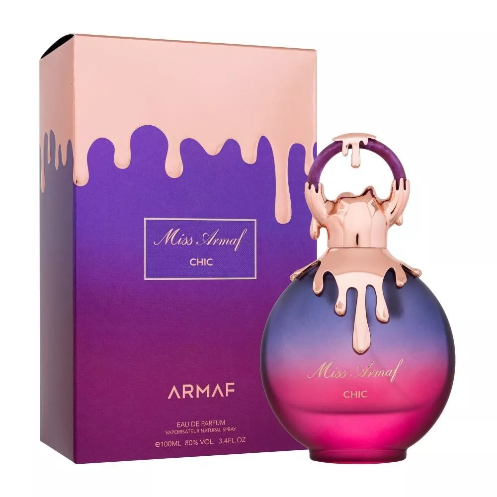 Armaf Miss Chic Eau De Parfum 100ml Frasco de perfume Miss Armaf Chic com embalagem rosa e púrpura