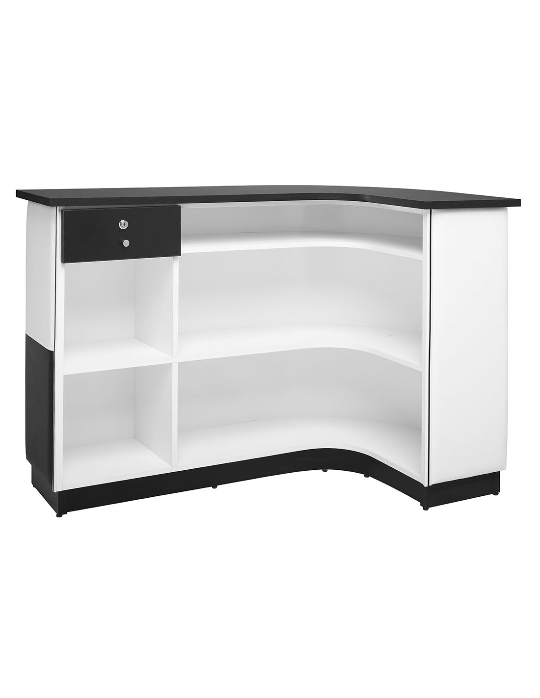 Balcão Recepção Oly Balcão de canto branco com tampo preto e gaveta com fechadura