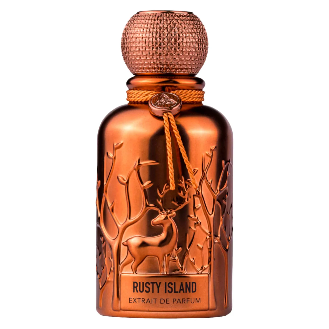Auraa Desire Rusty Island Extrait De Parfum 100ml Garrafa de perfume metálica cobre com relevo de cervos e árvores