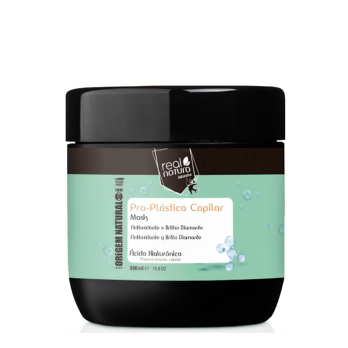 REAL NATURA MÁSCARA SEM SAL PRO PLÁSTICA CAPILAR 500ML Máscara capilar Real Natura Pro-Plástica Capilar, embalagem preta com rótulo verde e branco