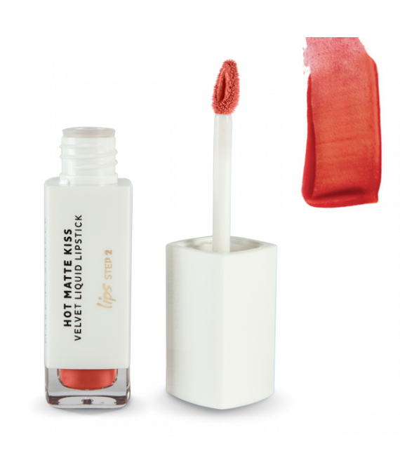 Andreia Lips HOT MATTE KISS – Velvet Liquid Lipstick 12 Bold Batom líquido mate cor salmão rosado em estojo branco com aplicador