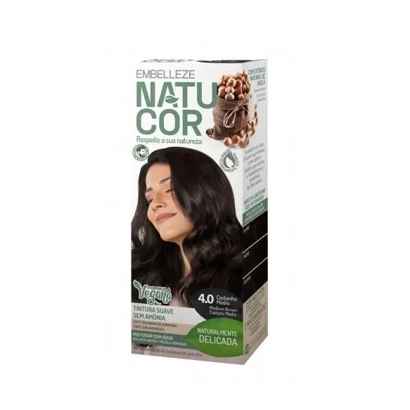 Embelleze Natucor Castanho Médio 4.0 Tintura Suave Kit Caixa de tintura de cabelo EMBELLEZE NATU COLOR castanho médio