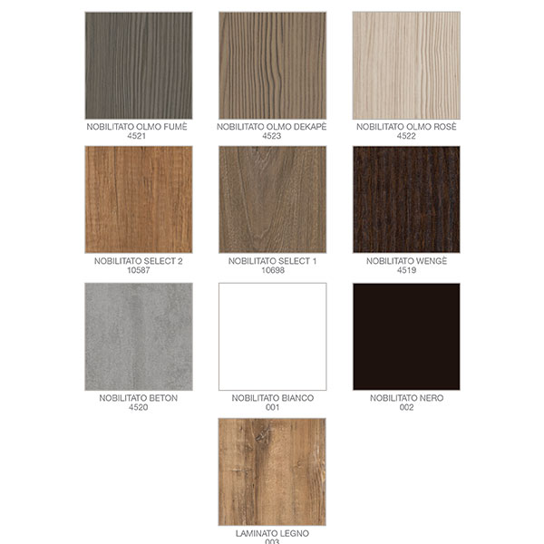 Balcão Ceriotti Biside Amostras de materiais para revestimento com diferentes padrões e cores, com textos indicando nomes e códigos.