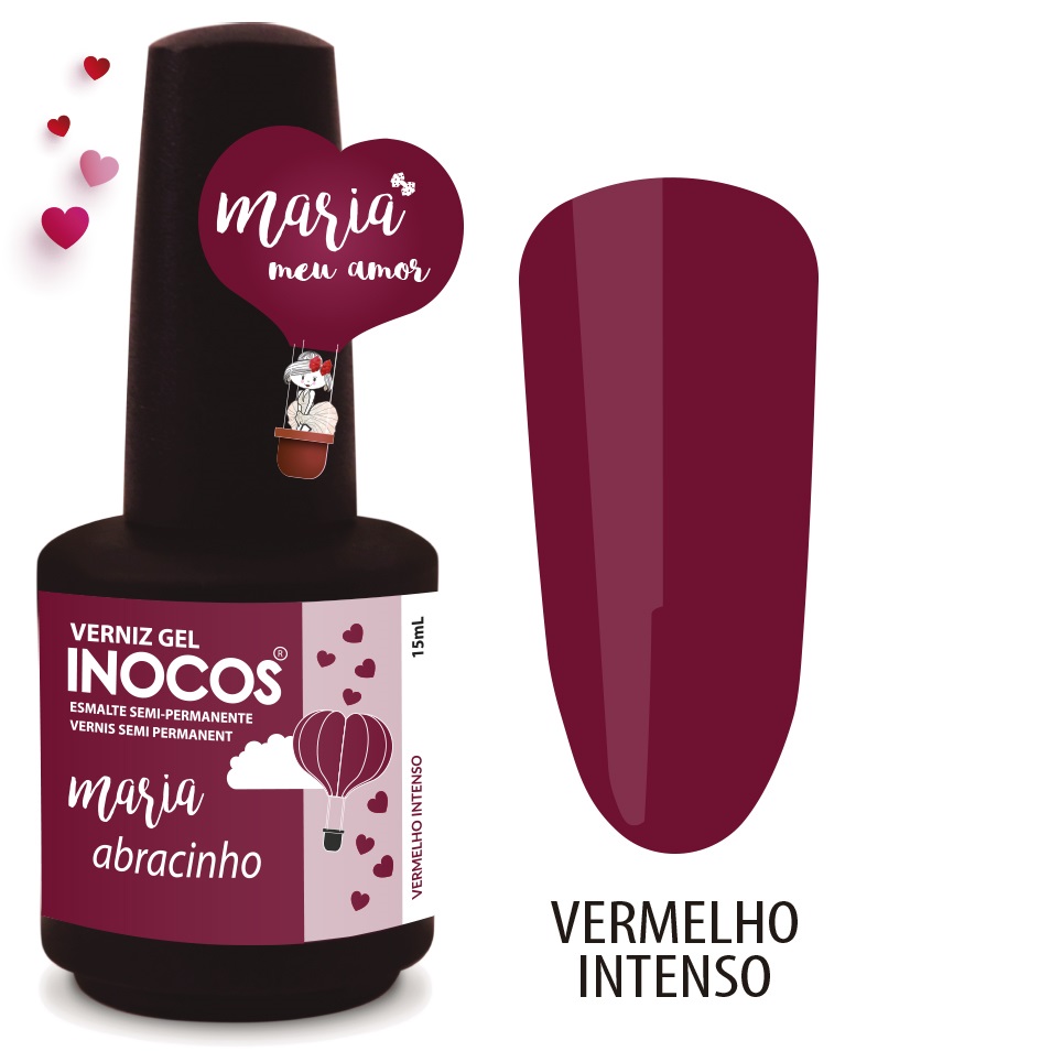 INOCOS VERNIZ GEL MARIA MEU AMOR, ABRACINHO 15ML Frasco de verniz gel Inocos cor vermelha intenso com rótulo decorado com corações e balões